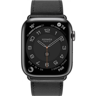 Apple Watch Hermes Series 7 GPS + LTE 45mm Space Black Stainless Steel Case with Noir Swift Leather Single Tour (MKMW3 + H078741