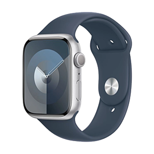 Apple Watch Series 9 45mm Silver Aluminum Case with Storm Blue Sport Band S/M
