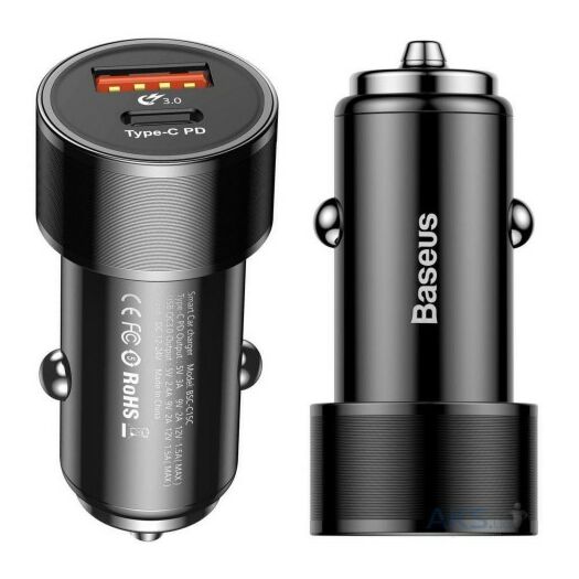 Baseus Small Screw Type-C PD + USB Quick Charge Car Charger 36W Black 000011051