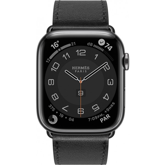 Apple Watch Hermes Series 7 GPS + LTE 45mm Space Black Stainless Steel Case with Noir Swift Leather Single Tour (MKMW3 + H078741CZ89) 000019598