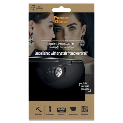 Protective glass PanzerGlass Apple iPhone 13/13 Pro 6.1” Case Friendly Swarovski CamSlider AB, Black (2751) 2751