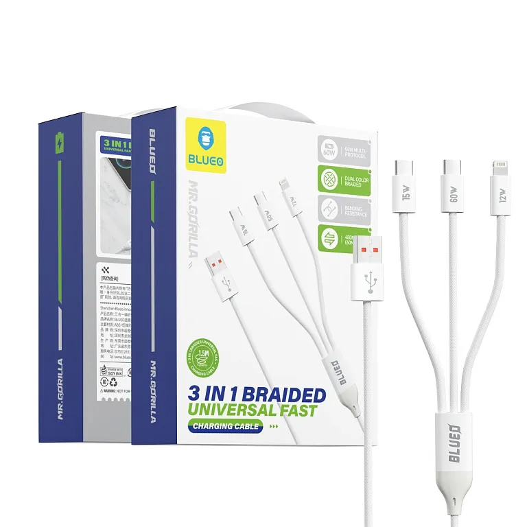 Кабель Blueo 3 in 1 Braided Fast Charging Data Cable (60W) White