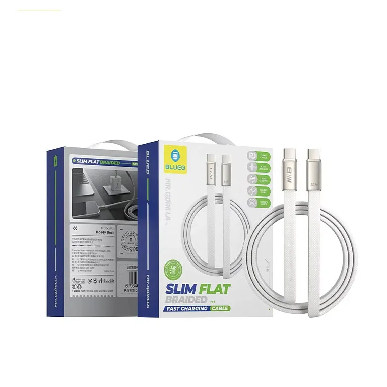 Зарядний кабель Blueo USB-C Slim Flat Braided Fast Charging Cable (60W) White
