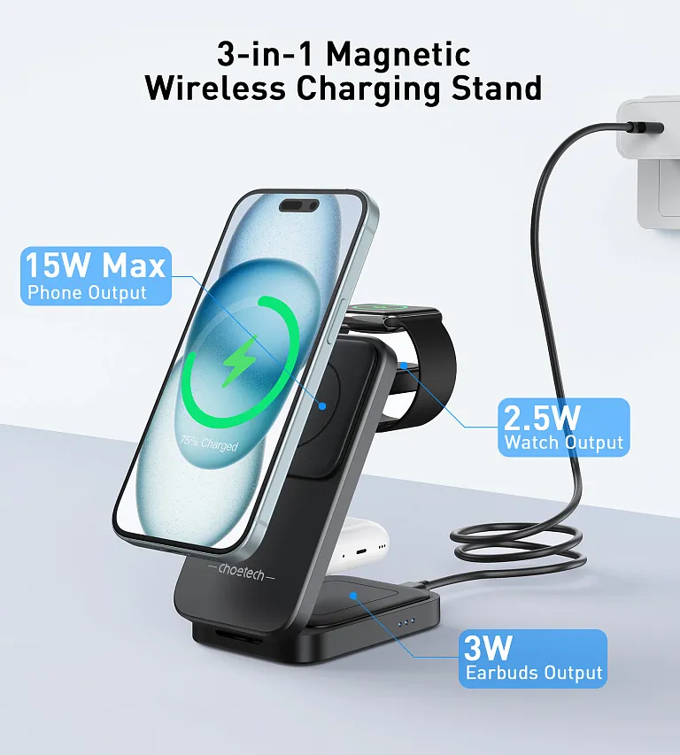 Бездротовий зарядний пристрій Choetech 15W 3-in-1 Foldable Wireless Charger Stand