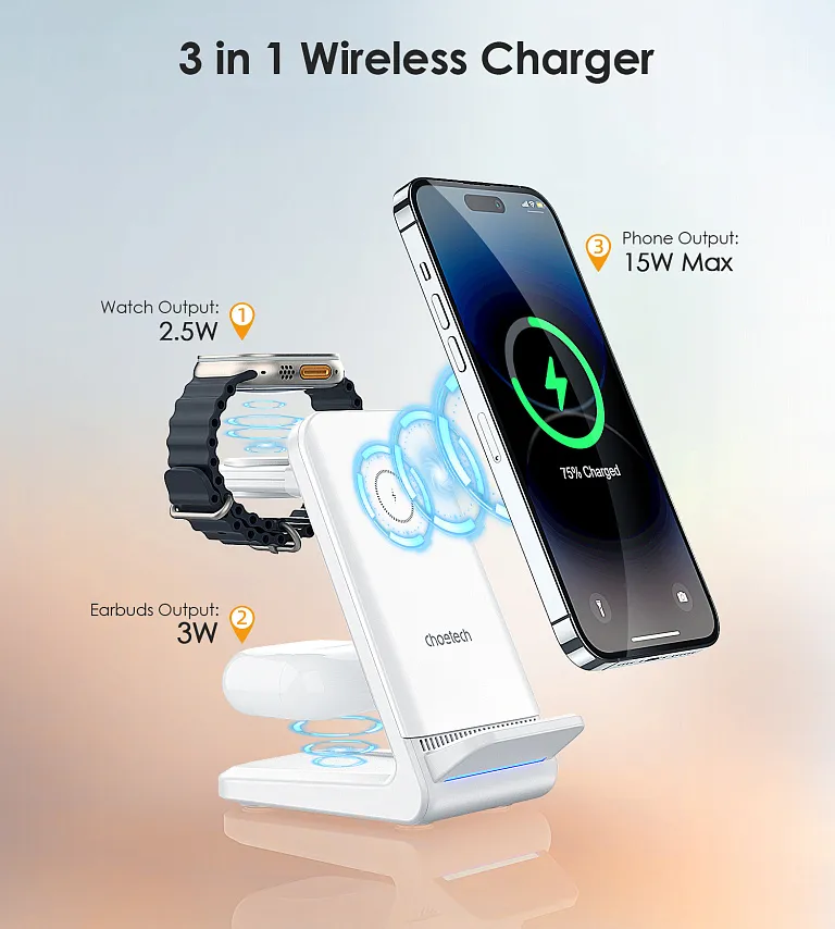 Бездротовий зарядний пристрій Choetech 15W 3 in 1 Wireless Charger Stand для Apple/Samsung Watch White