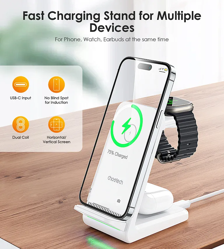 Бездротовий зарядний пристрій Choetech 15W 3 in 1 Wireless Charger Stand для Apple/Samsung Watch White