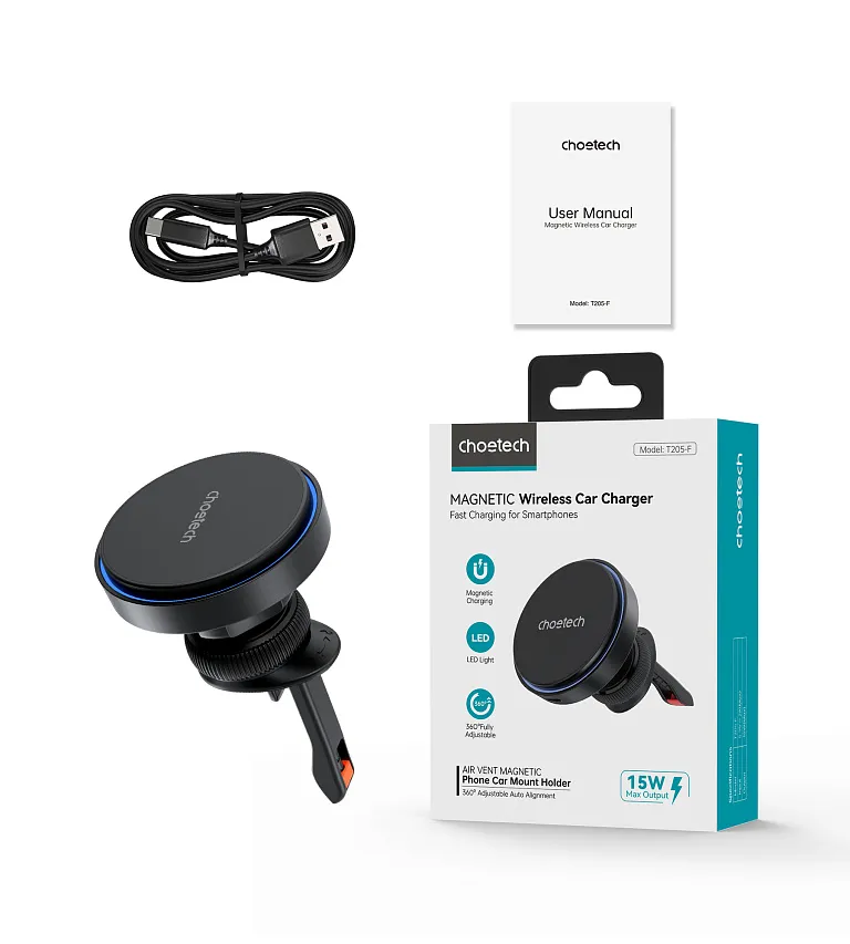 Автомобільний зарядний пристрій Choetech 15W Magnetic Сar Сharger with LED Blue Chornyy