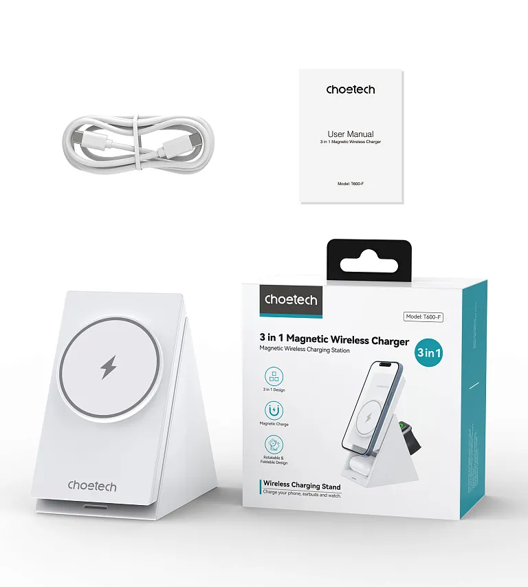 Бездротовий зарядний пристрій Choetech 3 in 1 Desktop Charger Stand White