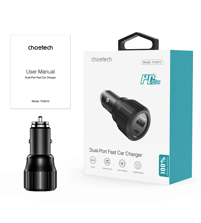 Автомобільний зарядний пристрій Choetech 63W Dual Port Fast Car Charger