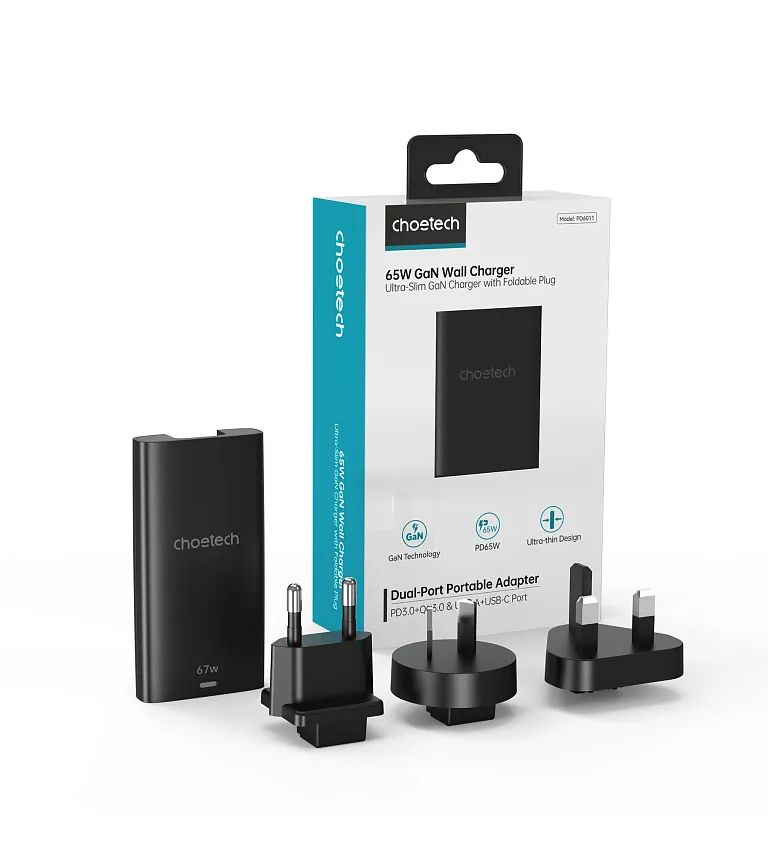 Мережевий зарядний пристрій Choetech 67W GaN Ultra thin A+C Wall Charger Black Chornyy