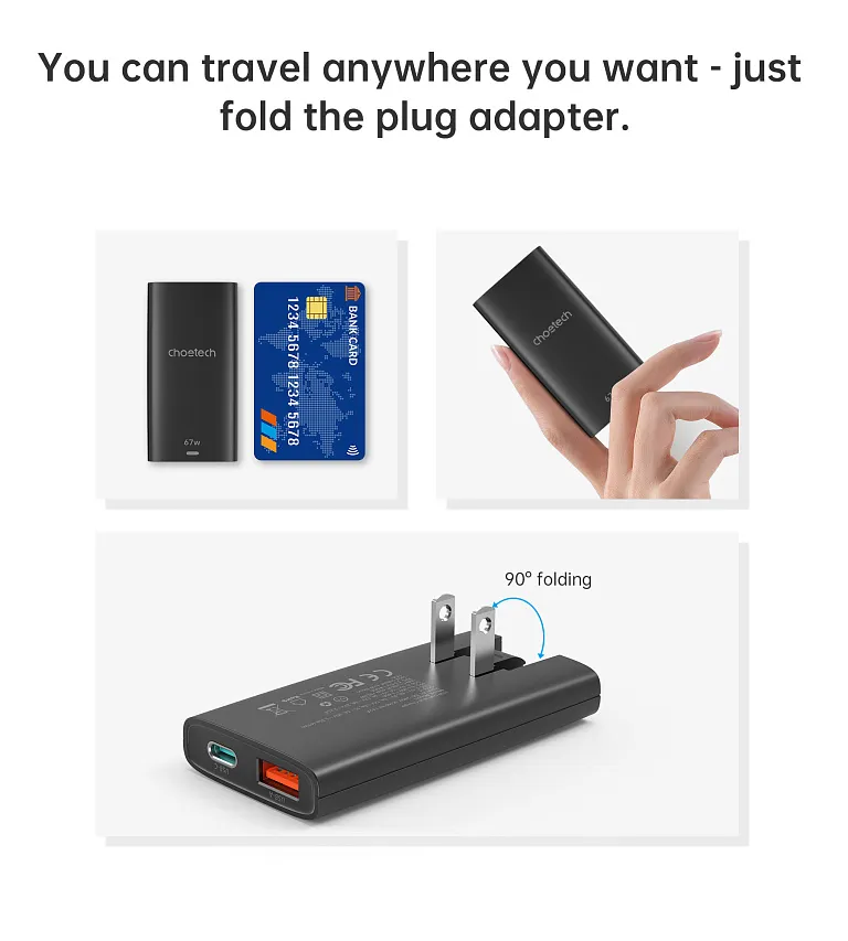 Мережевий зарядний пристрій Choetech 67W GaN Ultra thin A+C Wall Charger Black