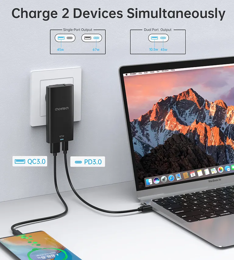 Мережевий зарядний пристрій Choetech 67W GaN Ultra thin A+C Wall Charger Black