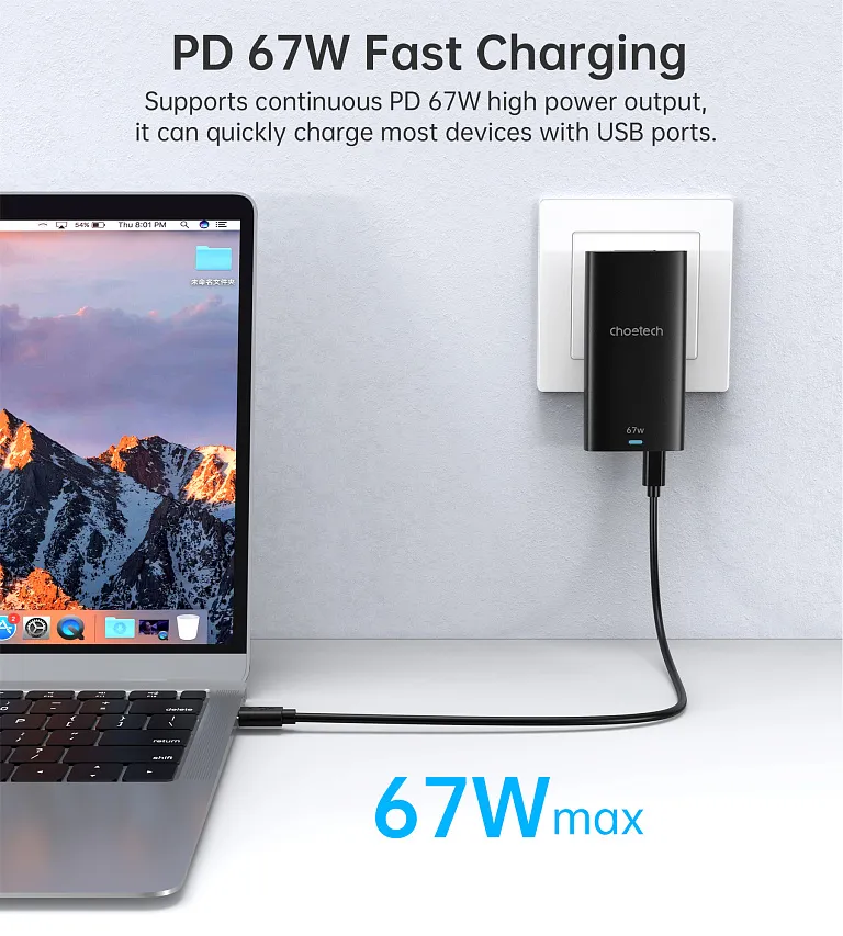 Мережевий зарядний пристрій Choetech 67W GaN Ultra thin A+C Wall Charger Black