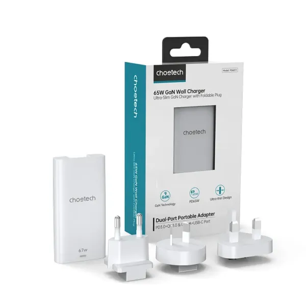 Мережевий зарядний пристрій Choetech 67W GaN Ultra thin A+C Wall Charger White