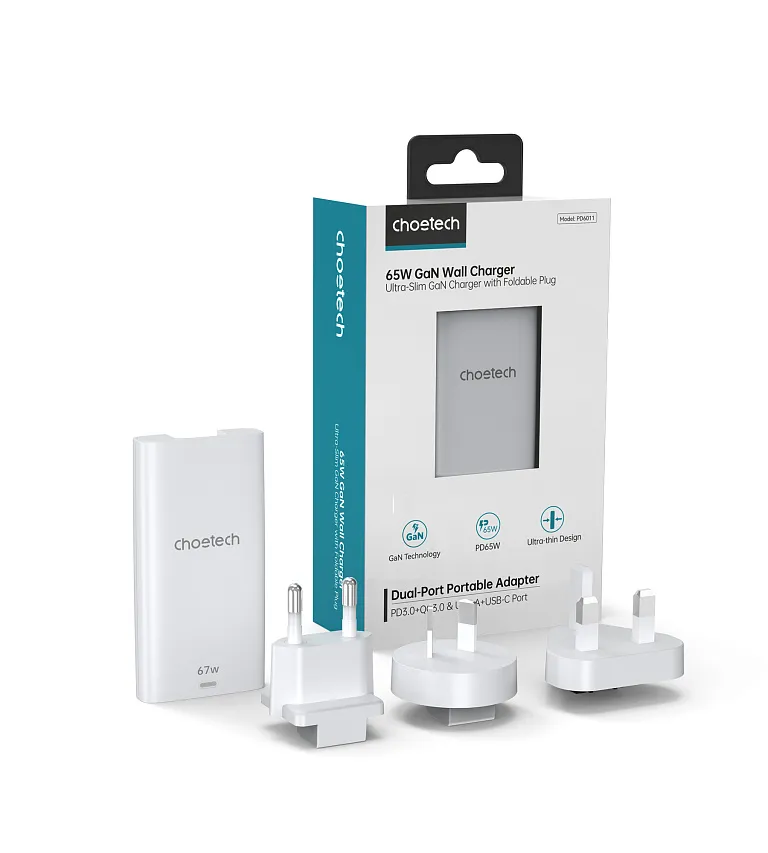 Мережевий зарядний пристрій Choetech 67W GaN Ultra thin A+C Wall Charger White Bilyy