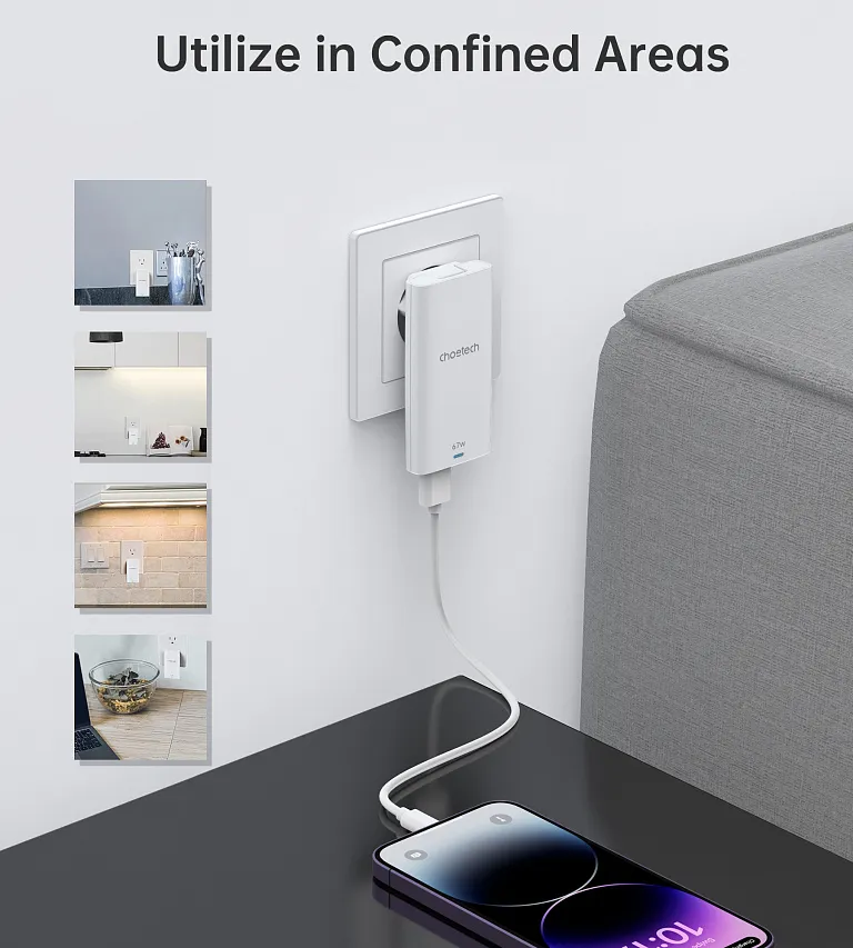 Мережевий зарядний пристрій Choetech 67W GaN Ultra thin A+C Wall Charger White