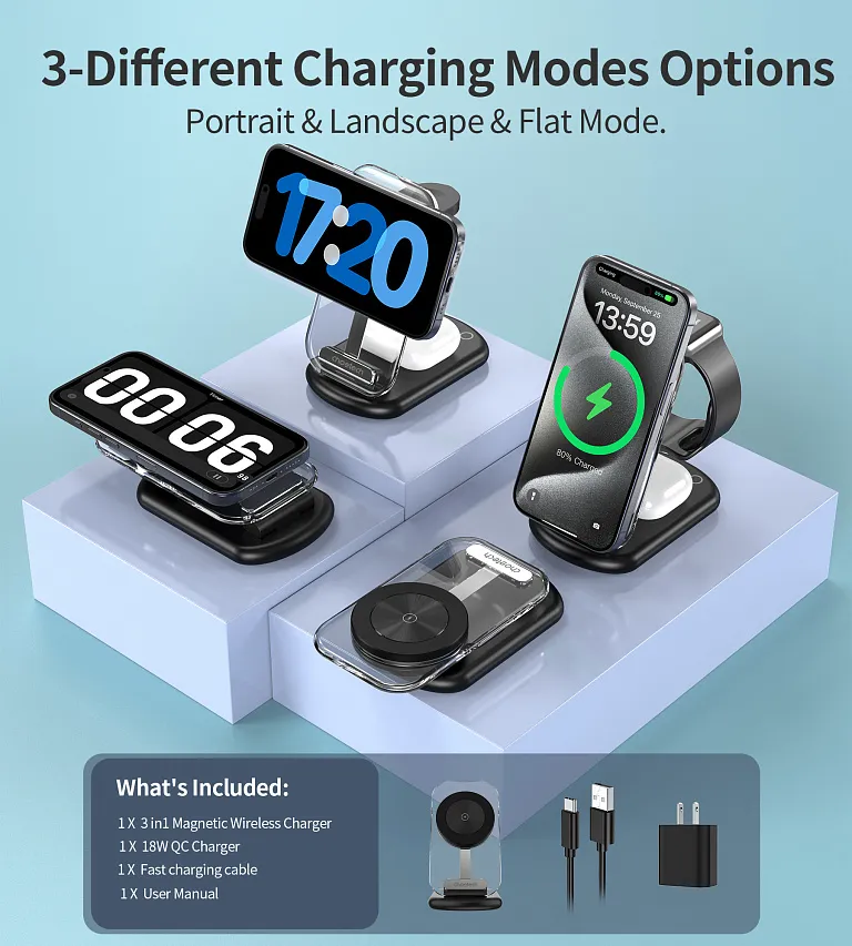 Бездротовий зарядний пристрій Choetech Choetech 15W Foldable 3-in-1 Ambient Light Magnetic Wireless Charger