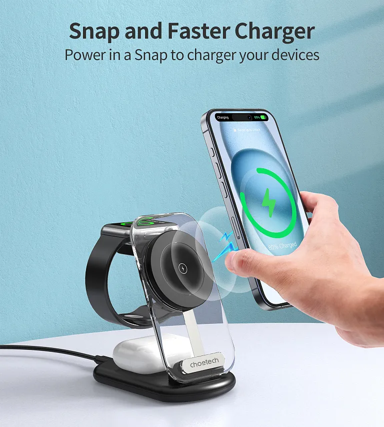 Бездротовий зарядний пристрій Choetech Choetech 15W Foldable 3-in-1 Ambient Light Magnetic Wireless Charger