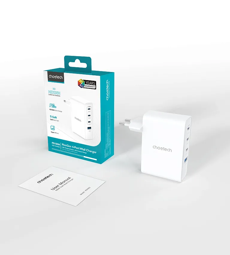 Мережевий зарядний пристрій Choetech GaN PD 100W 4 Ports 3*USB-C+A Wall Charger White