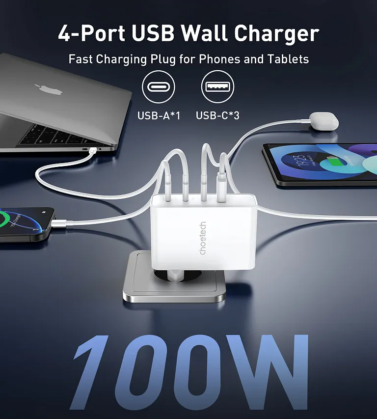 Мережевий зарядний пристрій Choetech GaN PD 100W 4 Ports 3*USB-C+A Wall Charger White