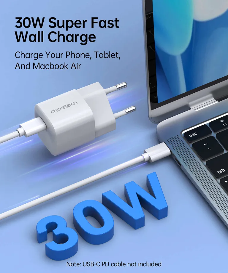Мережевий зарядний пристрій Choetech GaN PD 30W USB-C Wall Charger White Bilyy