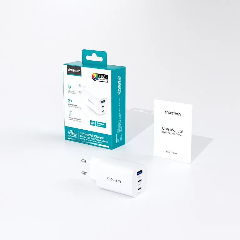 Мережевий зарядний пристрій Choetech GaN PD 65W 3Ports 2*USB-C+A Wall Charger White