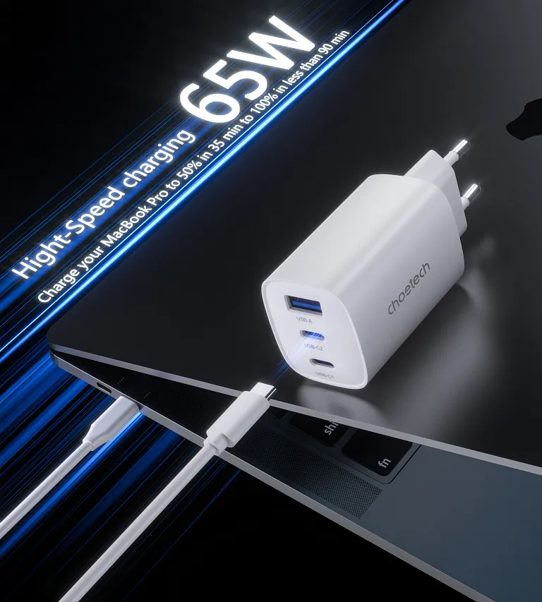 Мережевий зарядний пристрій Choetech GaN PD 65W 3Ports 2*USB-C+A Wall Charger White