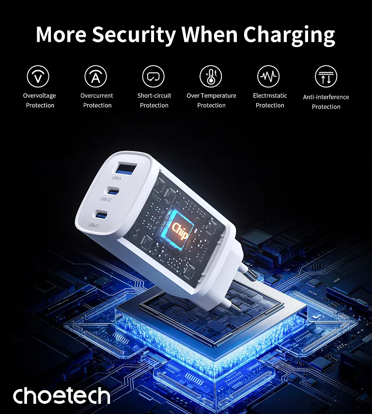 Мережевий зарядний пристрій Choetech GaN PD 65W 3Ports 2*USB-C+A Wall Charger White