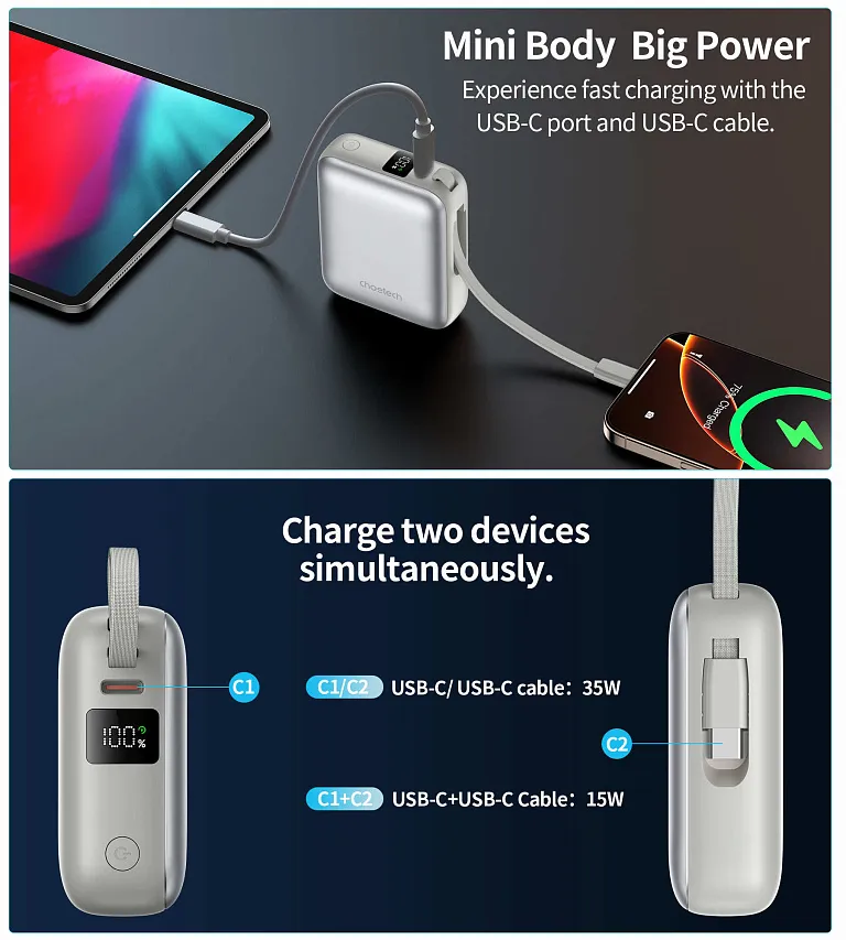 Павербанк Choetech Mini PD35W 10000mAh Power Bank with USB-C input/output Cable Silver