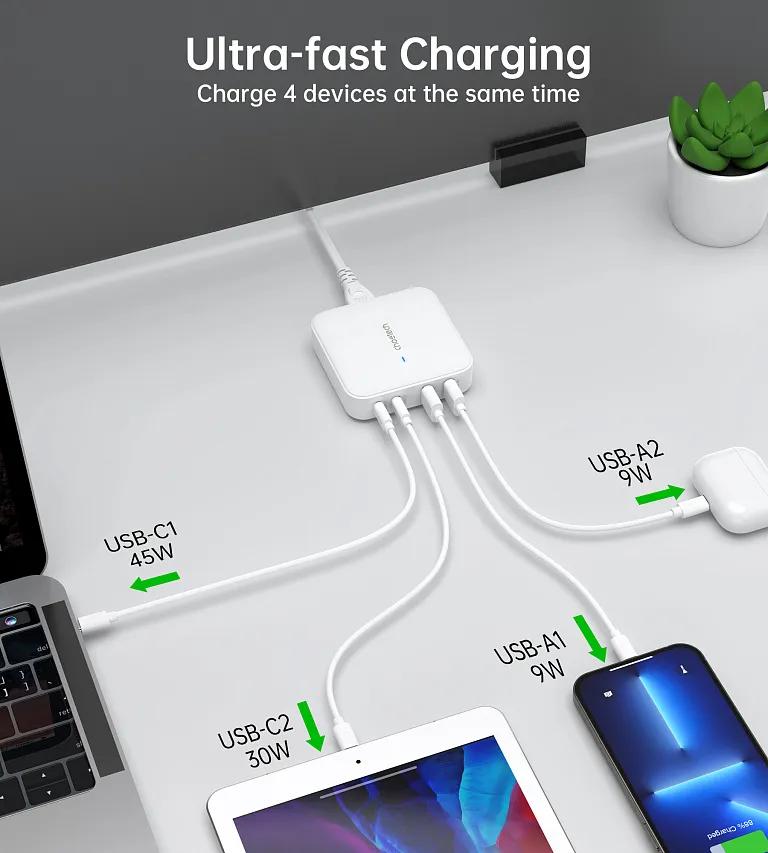 Мережевий зарядний пристрій Choetech PD 100W GaN desktop 2C+2A Charger White