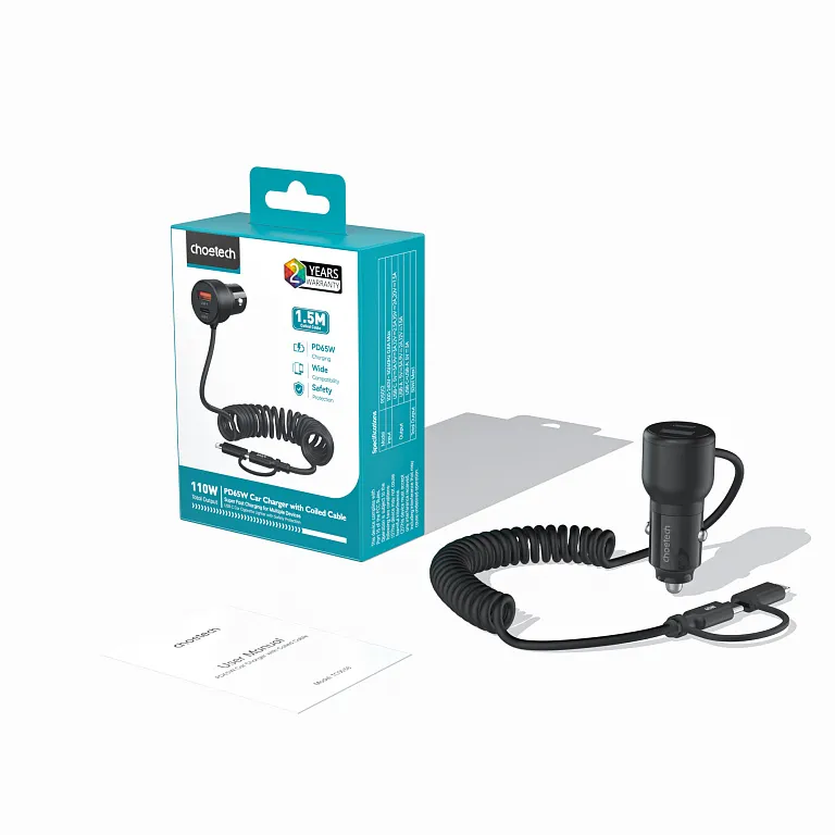 Автомобільний зарядний пристрій Choetech PD 105W USB-C/USB-A Fast Car Charger з розтяжним кабелем