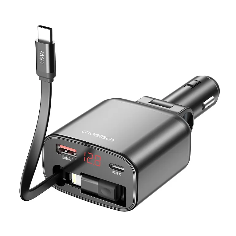 Автомобільний зарядний пристрій Choetech PD 105W USB-C/USB-A Fast Car Charger з розтяжним кабелем