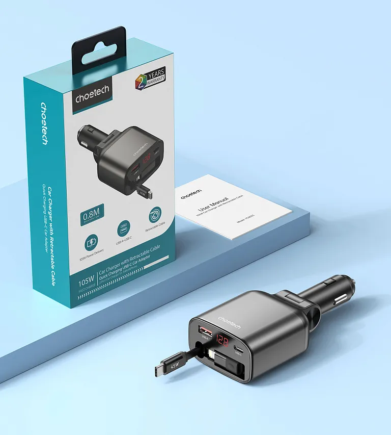 Автомобільний зарядний пристрій Choetech PD 105W USB-C/USB-A Fast Car Charger з розтяжним кабелем