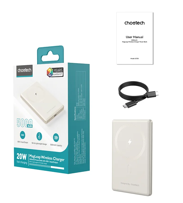 Павербанк Choetech PD 20W 5000 mAh Ultra-Thin Magnetic Power Bank White