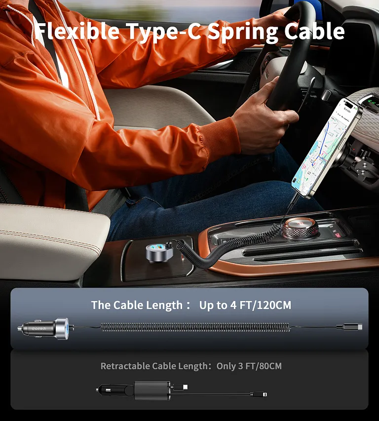 Автомобільний зарядний пристрій Choetech PD 65W USB-C/USB-A Fast Car Charger з розтяжним кабелем