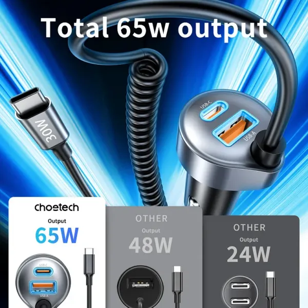 Автомобільний зарядний пристрій Choetech PD 65W USB-C/USB-A Fast Car Charger з розтяжним кабелем
