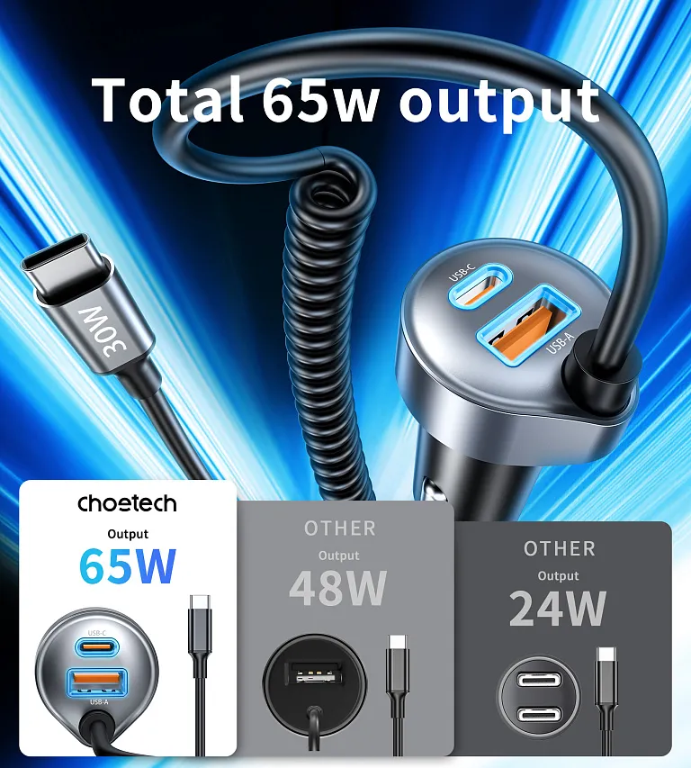 Автомобільний зарядний пристрій Choetech PD 65W USB-C/USB-A Fast Car Charger з розтяжним кабелем Chornyy