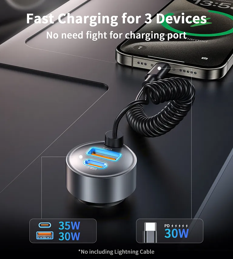 Автомобільний зарядний пристрій Choetech PD 65W USB-C/USB-A Fast Car Charger з розтяжним кабелем