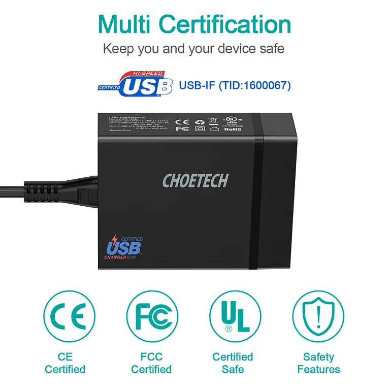 Мережевий зарядний пристрій Choetech PD 72W 3A+1C Wall Charger Black