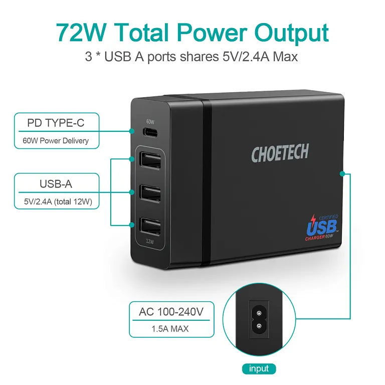 Мережевий зарядний пристрій Choetech PD 72W 3A+1C Wall Charger Black