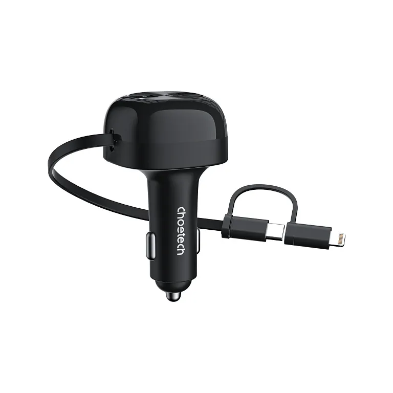 Автомобільний зарядний пристрій Choetech PD 75W USB-C/USB-A Car Charger з розтяжним кабелем