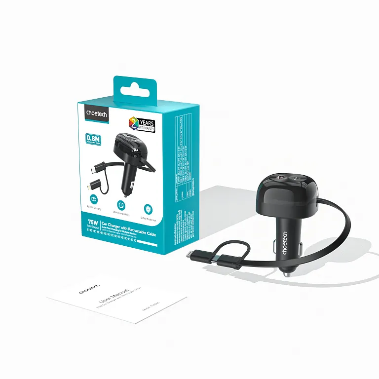 Автомобільний зарядний пристрій Choetech PD 75W USB-C/USB-A Car Charger з розтяжним кабелем