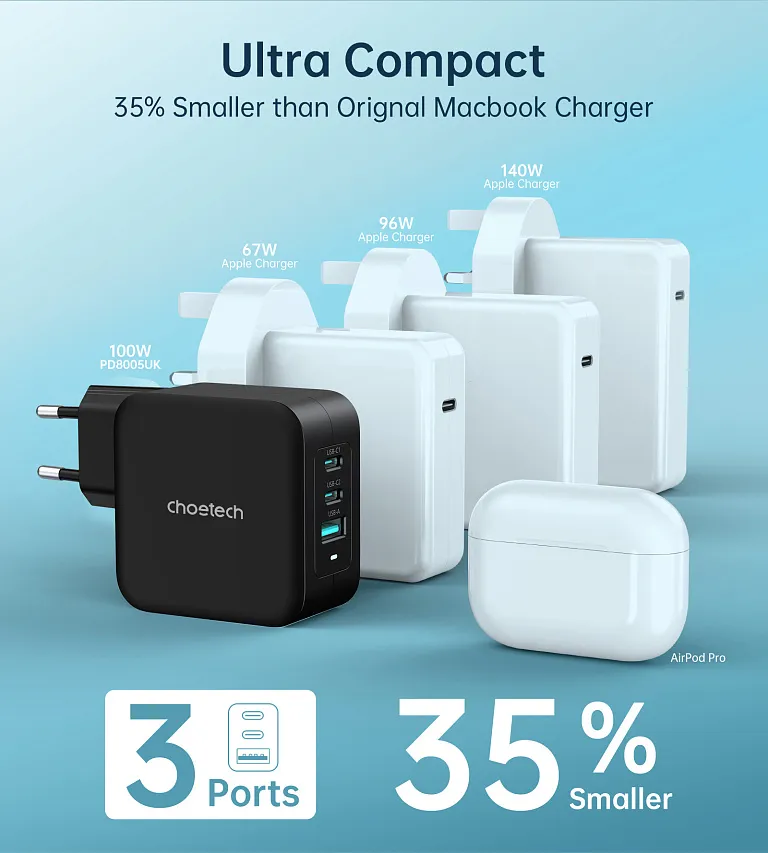 Мережевий зарядний пристрій Choetech PPS PD GaN 100W Charger Dual USB-C+ Single USB-A Black