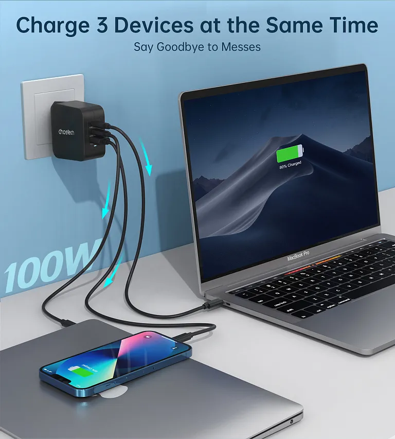 Мережевий зарядний пристрій Choetech PPS PD GaN 100W Charger Dual USB-C+ Single USB-A Black