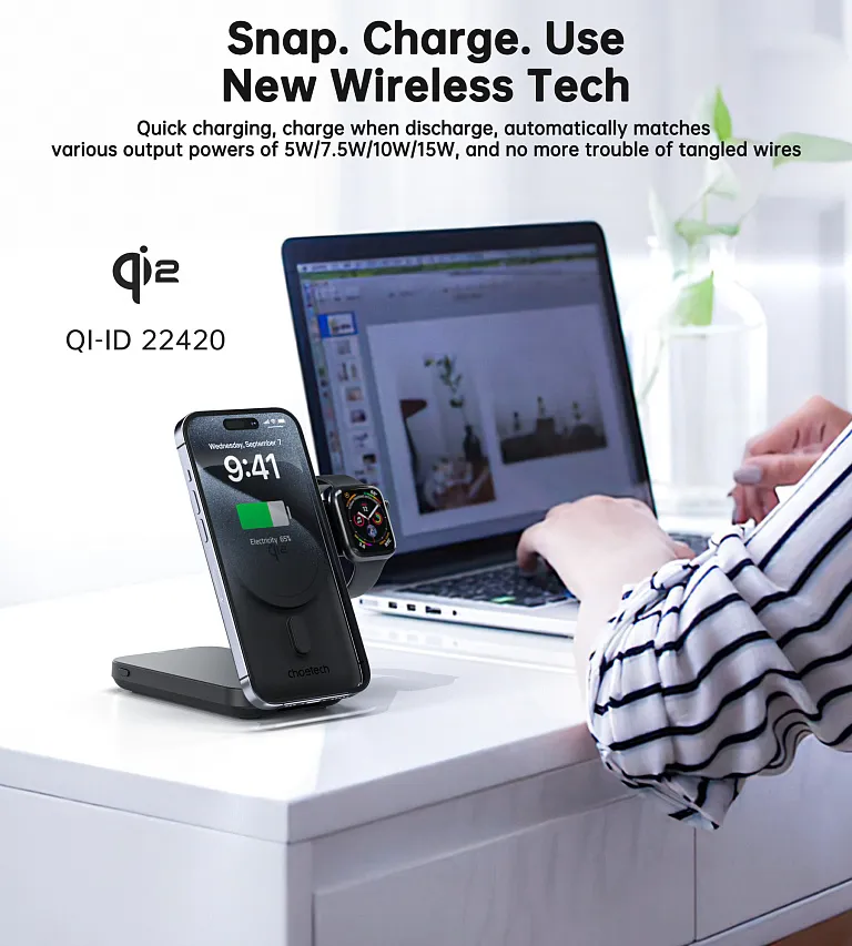 Бездротовий зарядний пристрій Choetech Qi2 3-in-1 Magnetic Charger Holder with 10000 mAh battery
