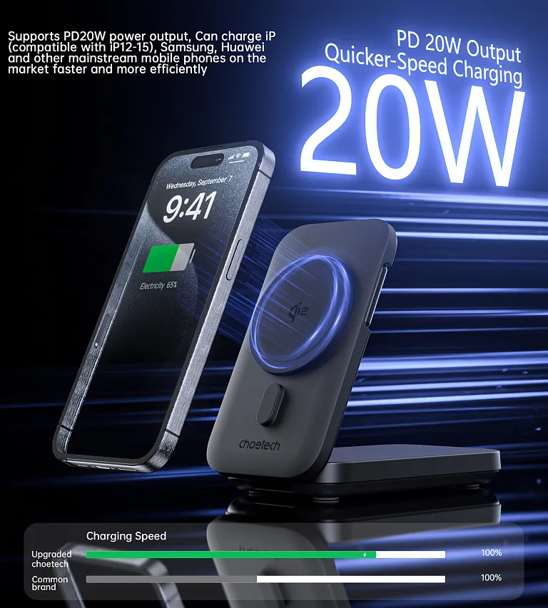 Бездротовий зарядний пристрій Choetech Qi2 3-in-1 Magnetic Charger Holder with 10000 mAh battery
