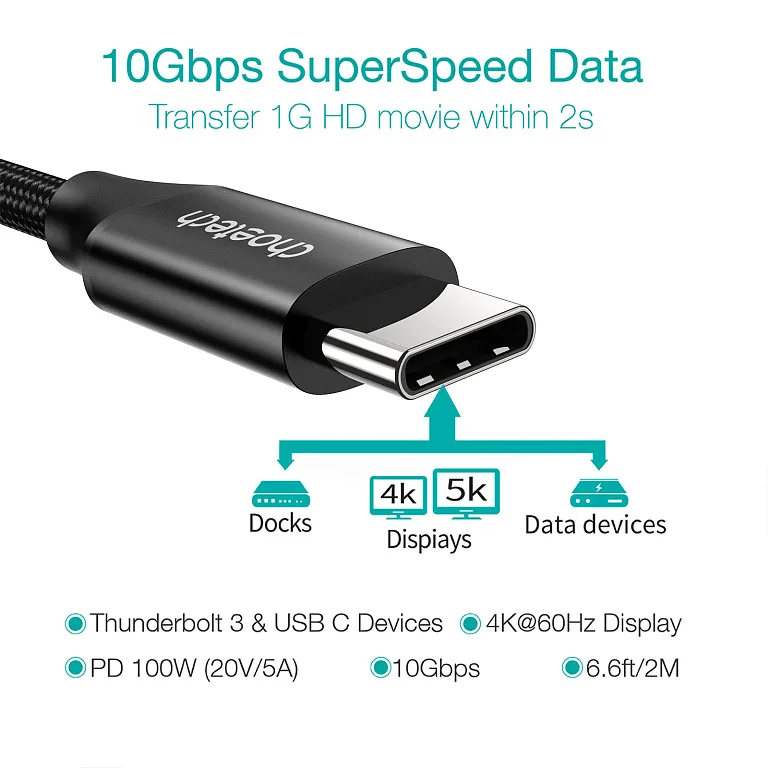 Кабель Choetech USB-C 3.1 GEN 2 100w Cable (2m) Black