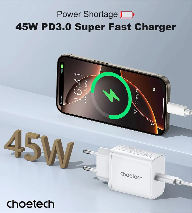 Мережевий зарядний пристрій Choetech USB-C PD 45W Wall Charger White
